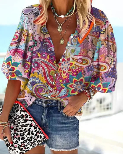 2024 New Women's Shirts & Blouses Fashion Vintage Printed Casual Vacation Bohemian Style Lady Single-breasted Shirt Streetwear