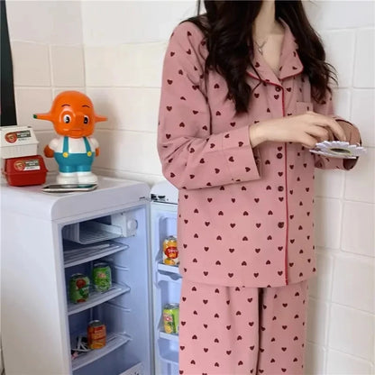 M-XXL Large Size Nightwear Women Sleepwear Autumn and Winter Cardigan Home Wear Peach Heart Long Sleeves School Silk Pajamas