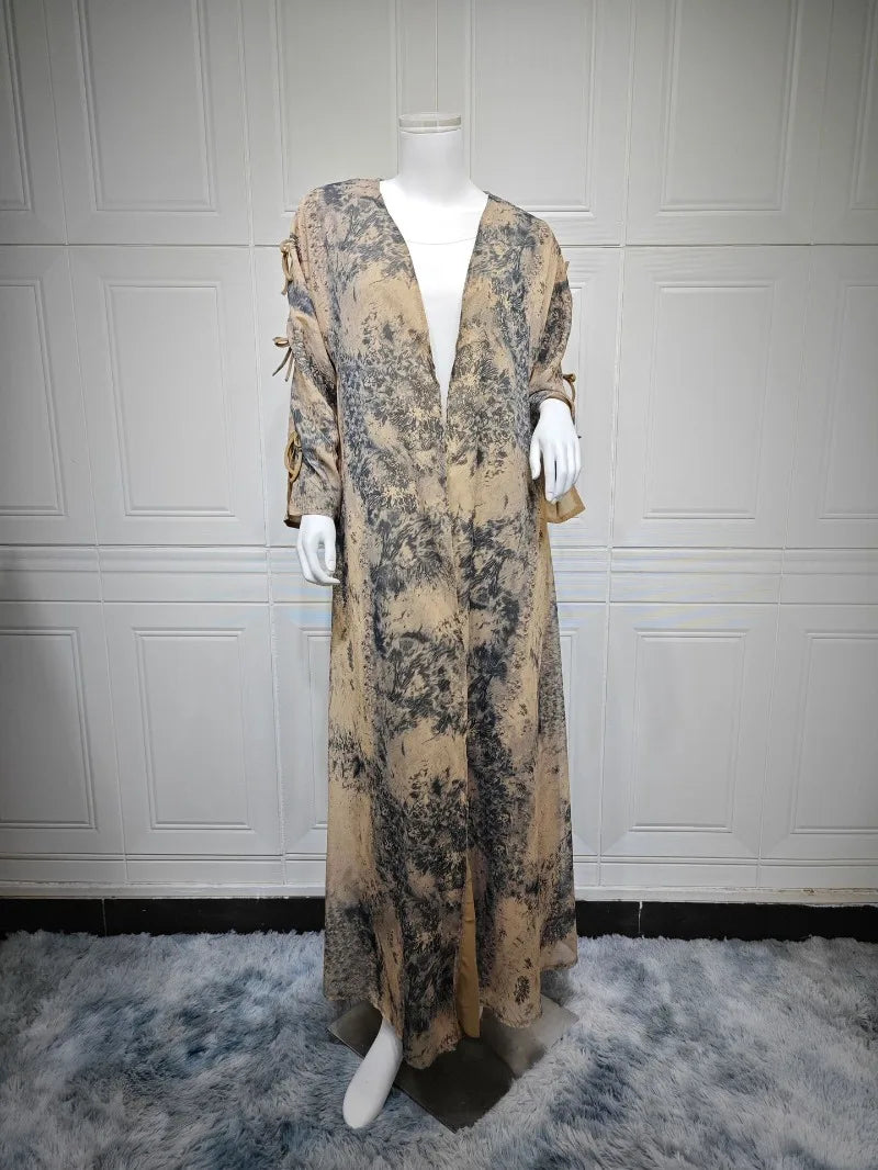 2025 sommer Arabisch Frauen Muslimische Kleidung Ramadan Dubai Offene Abaya Kleid mit Hijab Islam Gedruckt Chiffon 2 Stück Outfit