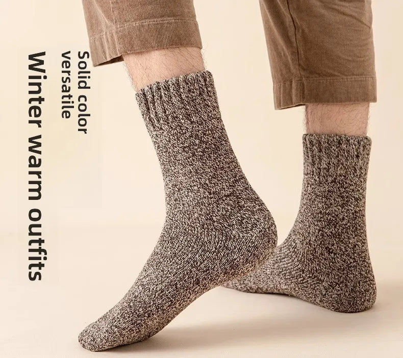 5 pairs of men's mid-calf thick winter fleece-lined thermal terry socks, blended cashmere solid color towel socks