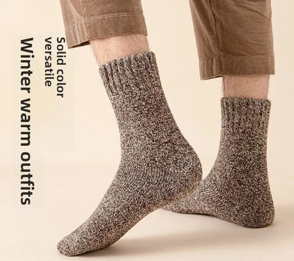 5 pairs of men's mid-calf thick winter fleece-lined thermal terry socks, blended cashmere solid color towel socks