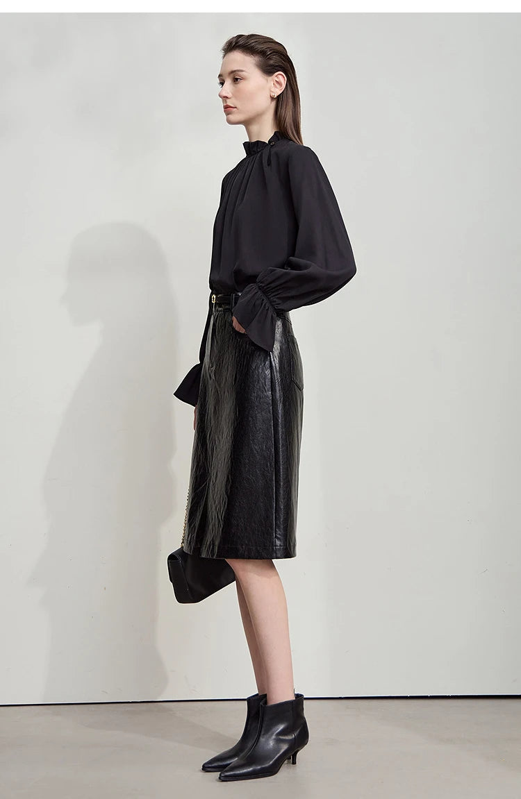 AMII Minimalist PU Leather Skirt For Women 2025 American Retro Knee-Length Skirt Solid Basics Business Women's Clothing 12553014