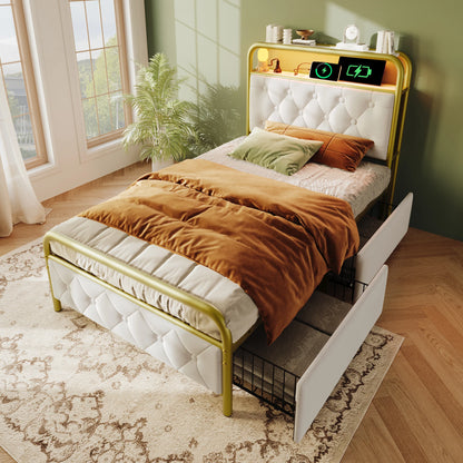 KOMHTOM Einzelbett 90x200 cm Samt - USB Type C Ladefunktion, APP-Control LED, 2 Schubladen, ohne Matratze