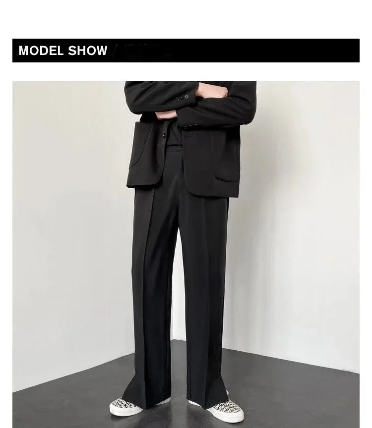 Men's Straight Baggy Casual Pants Korean Slit Personality Suit Trousers Fashion Formal Business Male Streetwear Gray Khaki Black.