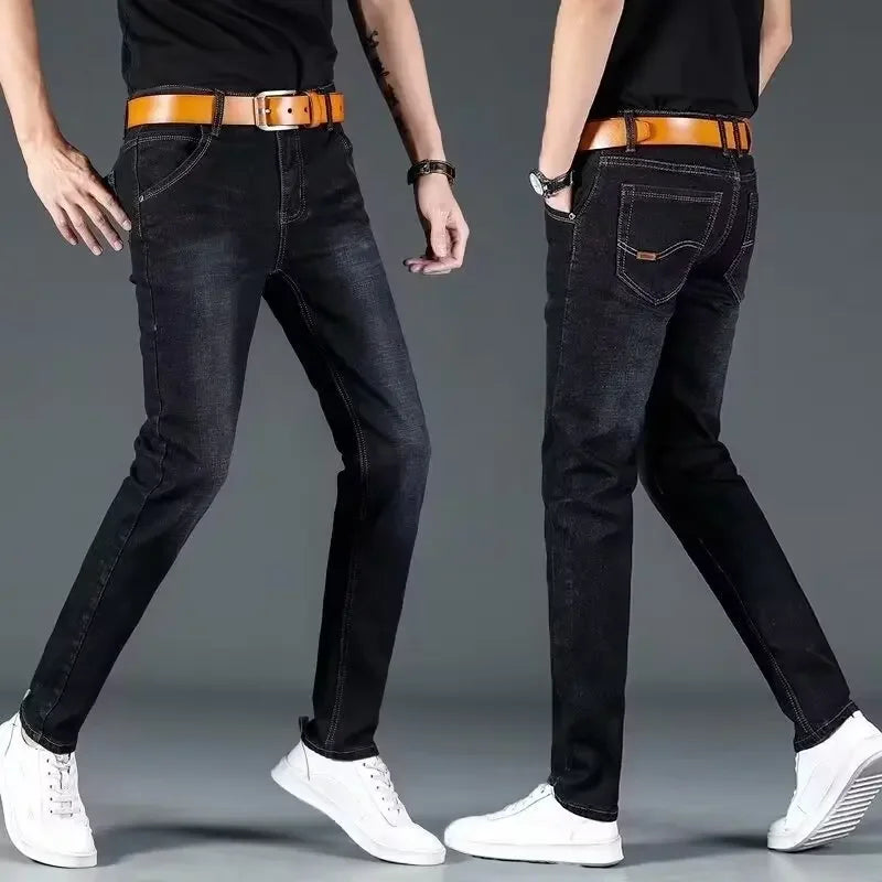 Summer Men's Stretch Jeans Straight-Leg Loose-Fit Business Casual Versatile Long Pants Lightweight Wear-Resistant.