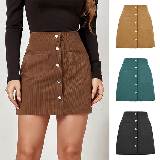 Vintage Brown Corduroy Skirts for Women Single Breasted Slim Fit Mini Skirt Woman Autumn Winter Korean Pocket Short Skirt Ladies.