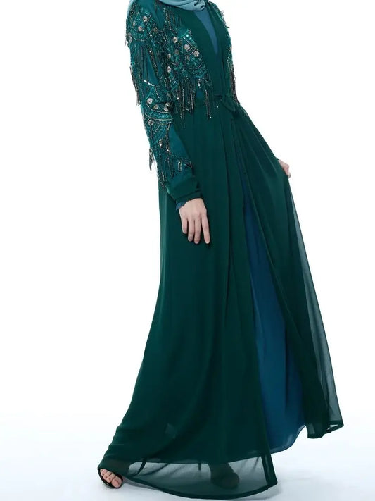 Ramadan Green Satin Sequin Abaya Damen Dubai Luxury Islam Women Muslim Dress Kebaya Kaftan Robe Musulmane Caftan Marocain Femme.