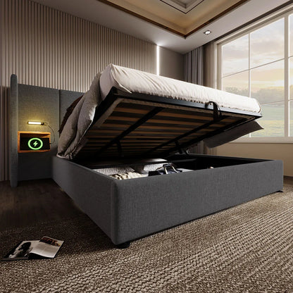 KOMHTOM Polsterbett mit Nachttisch, Leselampe und USB Type-C Ladefunktion, Leinen (Ohne Matratze)