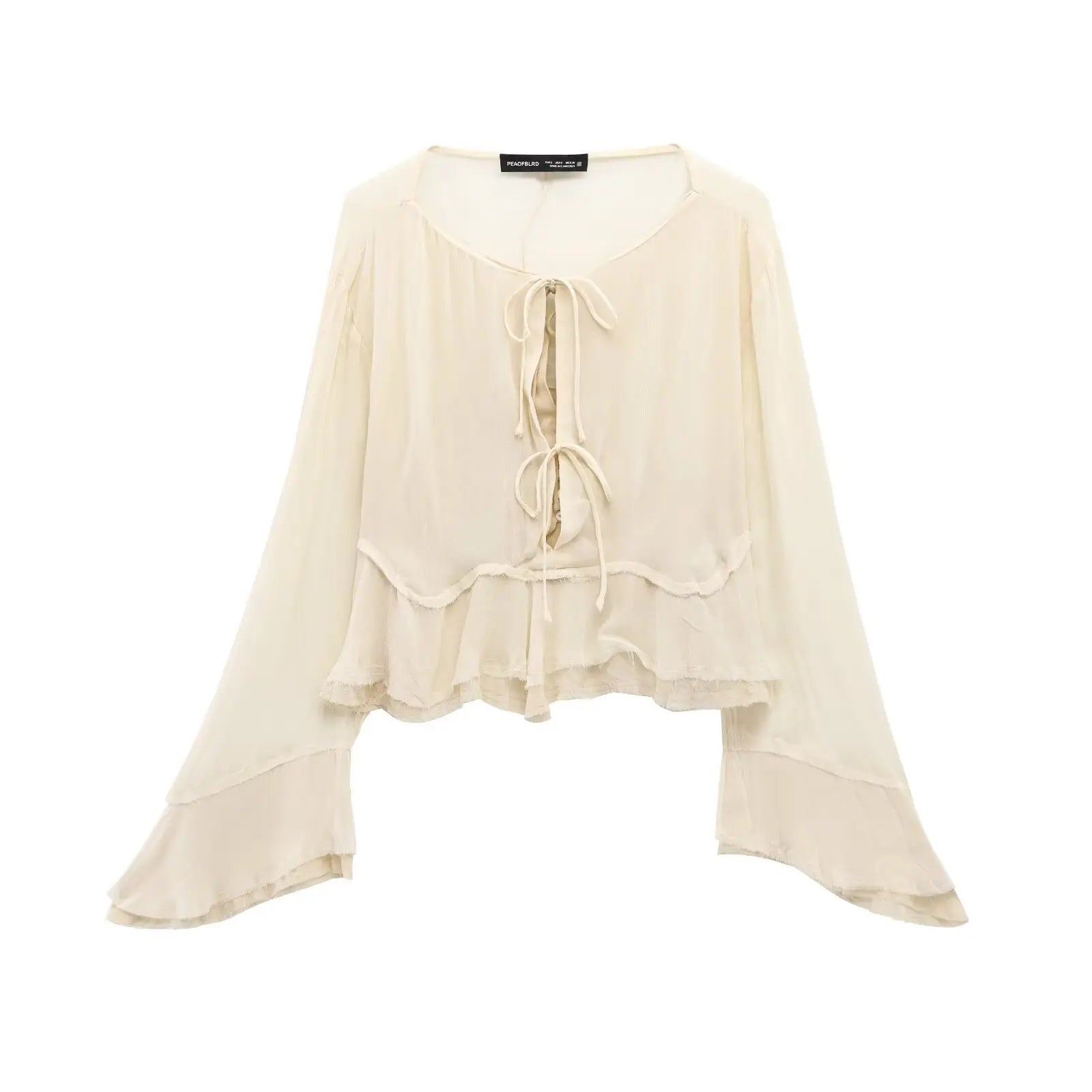 New spring women's clothing European and American style ruffled edge lace-up fake two-piece layered trumpet sleeve shirt.