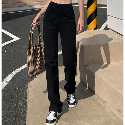 Frau Koreanische Hohe Taille Streetwear Gerade Bein Jeans Mädchen Y2k Kleidung Hosen Weibliche Mode Schwarz Baggy Harajuku Denim Hosen.