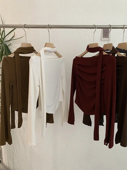 Elegant Long Sleeve Neck Hanging Sash Slim Fit T-Shirt Women's Red Black Other Pure Color Pleated Chic One Shoulder Top.