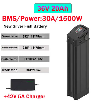 Silver Fish 36V/48V/60V 10Ah 20A lithium battery pack suitable for 1800W handheld folding two wheeled scooter battery+5A charger