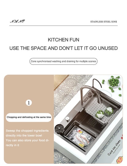 Waterfall Sink Kitchen Stainless Steel Topmount Sink Large Single Slot Wash Basin With Multifunction Touch Waterfall Faucet