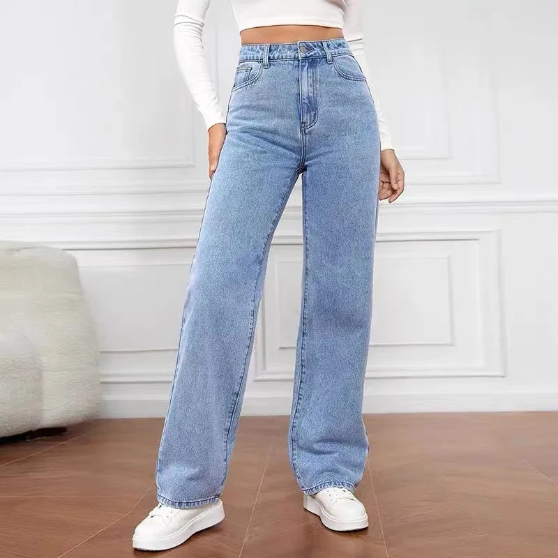 Women's Hot Sale High Waist Stretch Washed Denim Fashionable Straight Jeans Women's Pants women jeans black pants woman clothing.