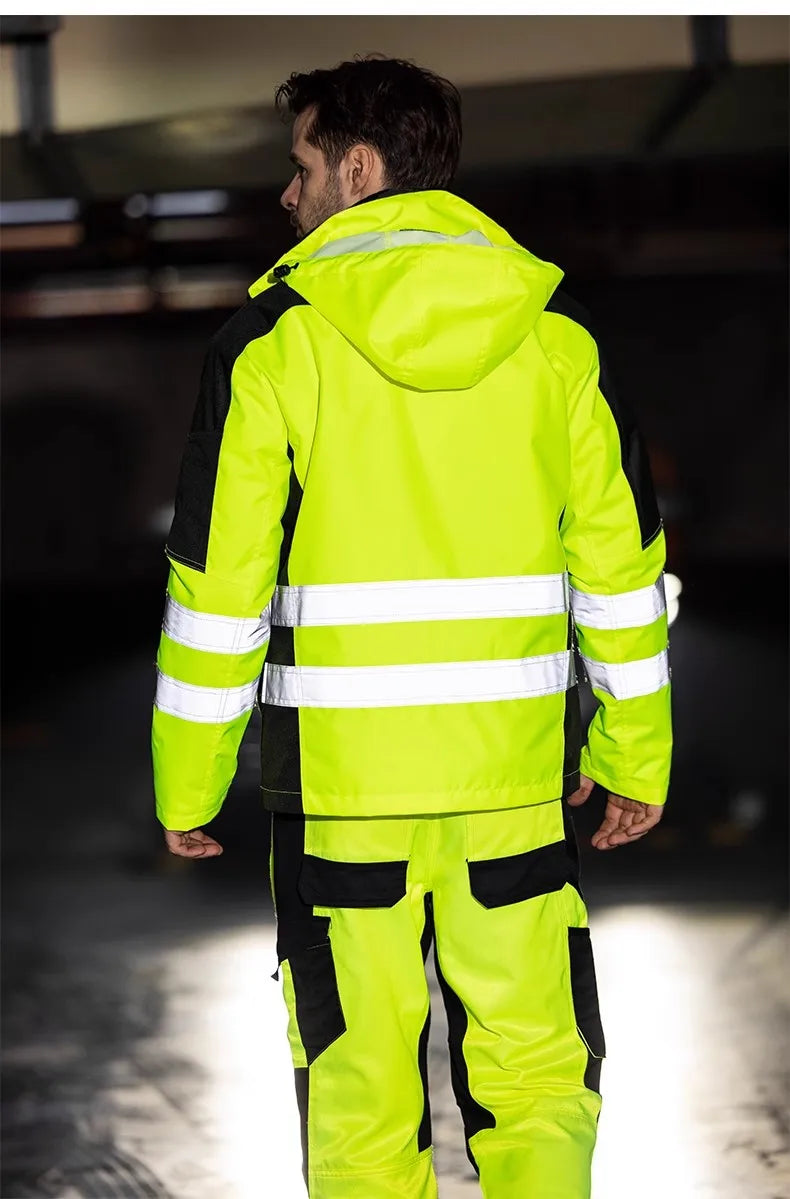 High Visibility Workwear Winter Clothes Hi Vis Suit Reflective Jacket Waterproof Winter and Pockets Reflective Work Pants Set