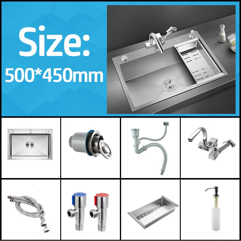 Handgefertigtes silbernes Küchenspülbecken aus Edelstahl 304, herunterziehend, Einzelschüssel-Waschbecken mit Abflussset