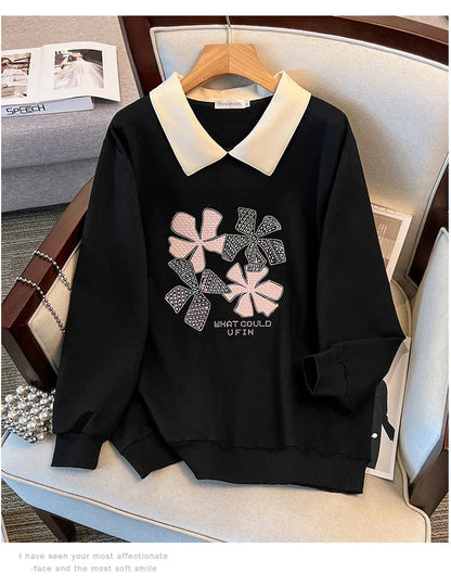 170 kg Plus Size Damen-Büste 170 Frühling Herbst Loose Diamond Collared Sweatshirt Schwarz 4XL 5XL 6XL 7XL 8XL 9XL.