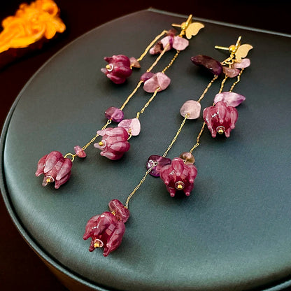 Pink Butterfly Earrings With Long Tassel Sparkly Zircon Crystal Imitation Pearl Beads Earrings Light Luxury Party Ear Jewelry.