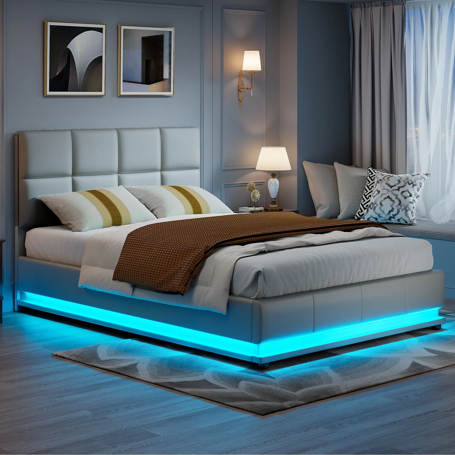 Anajqaqia Polsterbettgestell mit LED-Beleuchtung, 140 x 200 cm, mit hydraulischem Stauraum, Grau