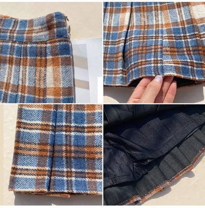 Plaid Woolen Blends Pleated Skirt For Women Fall Winter High Waist A-line Skirt Ladies Fashion Khaki Mini Skirts Vintage Female.