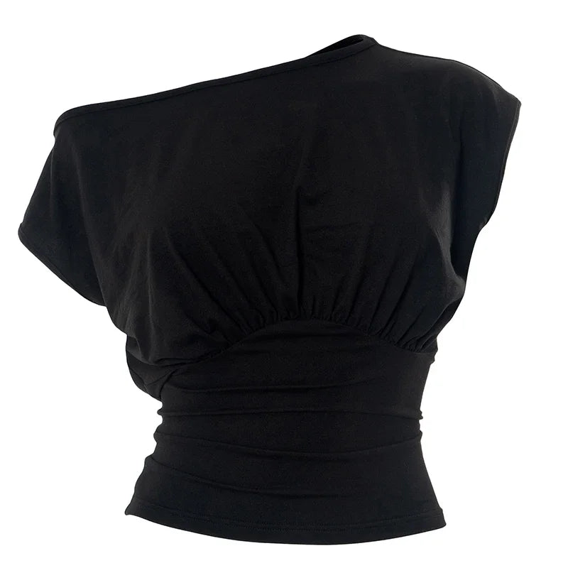 Solid Color One Shoulder Slant Neck Waist Shrinking Pleated Tank Top Women'S Summer New Casual Simple Fashion Tank Top.