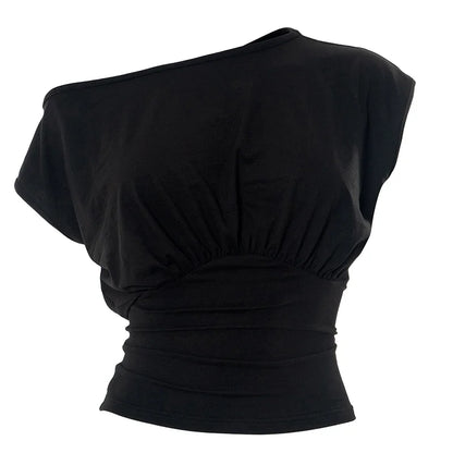 Solid Color One Shoulder Slant Neck Waist Shrinking Pleated Tank Top Women'S Summer New Casual Simple Fashion Tank Top.