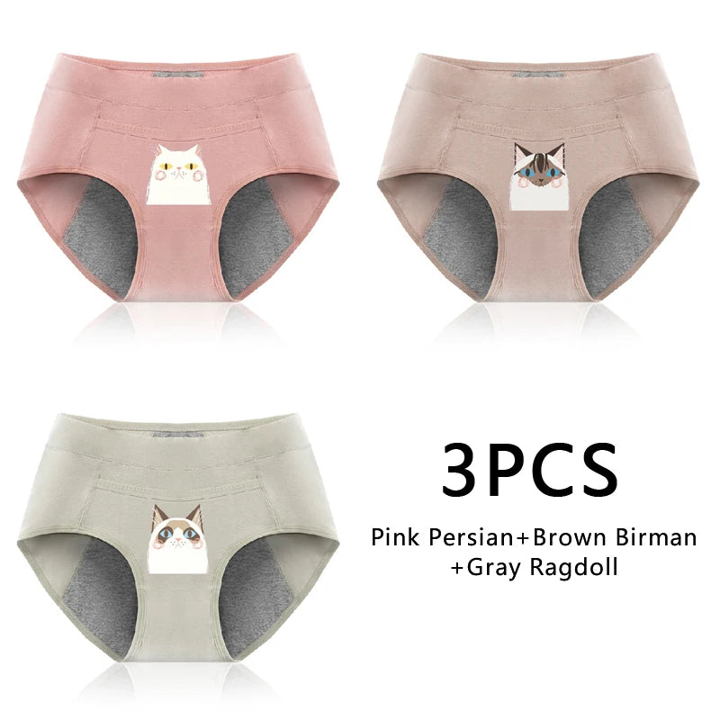 3PCS Cotton Menstrual Panties Leak Proof Breathable Cartoon cat Panties Woman Women Girls Physiological Pants Women's Intimates