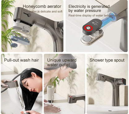 VGX Purified Bathroom Faucets Pull Out Water Filter Tap White Basin Mixer Sink Faucet Gourmet LED Display Brass Tapware Crane