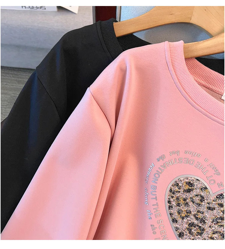 175 kg Plus Size Damen Büste 170 Frühling Herbst Lose Rundhals Langarm Bedrucktes Sweatshirt Schwarz Rosa 5XL 6XL 7XL 8XL 9XL.