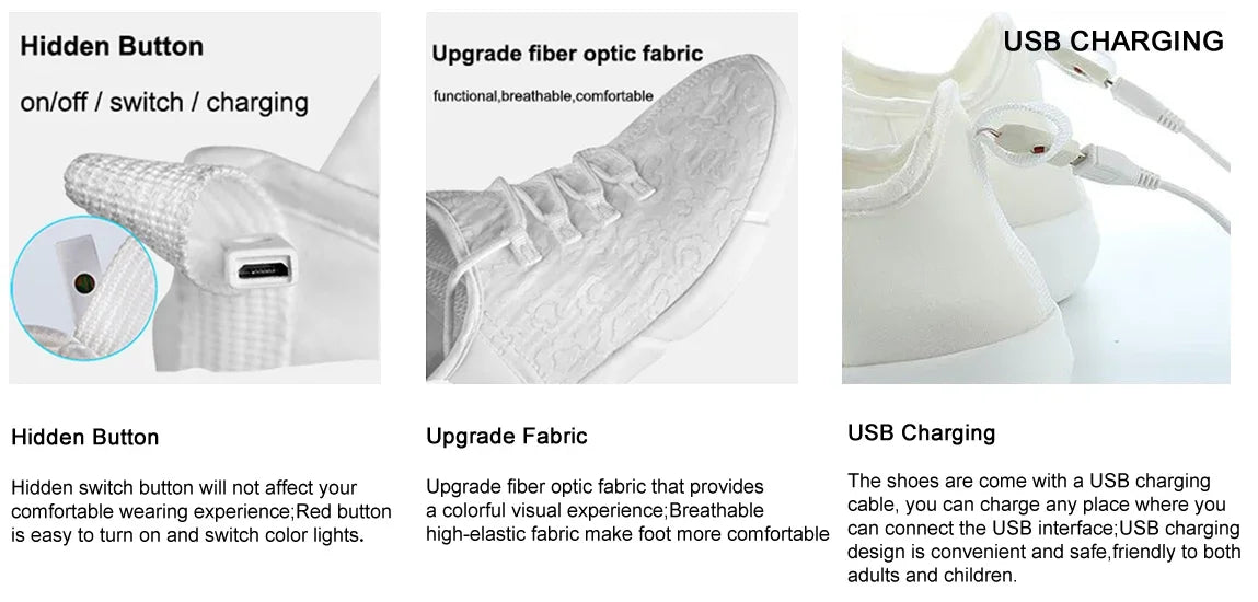 Fiber LED Shoes Light up Flashing -7 Monochrome LED Shoes Halloween Adult Boys Girls Women Children USB charging.
