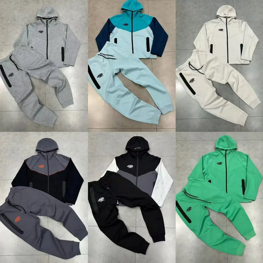 Casual Embroidered Fleece Lined Open Cardigan Hooded Zipper Pants Set for Men And Women Color Block Design by Syna.