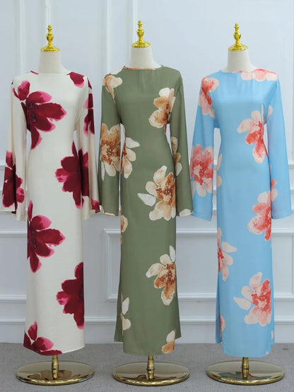 Women Arabic Eid Muslim Dubai Abaya Dress Luxury Fashion Flower Print Long Dress Kaftan Robe Femme African Islam Clothing Kebaya.
