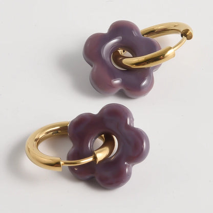 Colorful Flower Glass Drop Charms Earring Gold Color Circle Ear Buckle Hoops Stainless Steel Earrings Fashion Jewelry for Women.