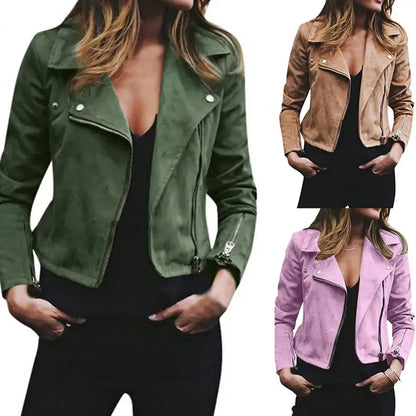 Biker Kurze Pu-Lederjacke Damen Einfarbig Revers Langarm Zip Up Kurze Jacke Mantel Punk Zip-Up Revers Kurzmantel Jacke.