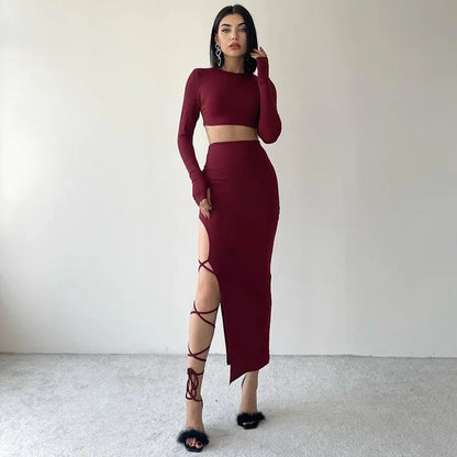 D23st272 Women's Autumn New Solid Color Casual Long Sleeve Round Neck Top Slimming Smooths Your Silhouette Tie Half Dress Suit.