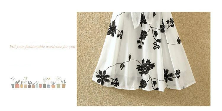 Neuer eleganter Anzug, zweiteiliges Kleid, hohe Taille, ärmellos, schlanker A-Linien-Rock, Blumenstickerei, weißes Oberteil, Schleife, Gürtel, Vintage-Frau.