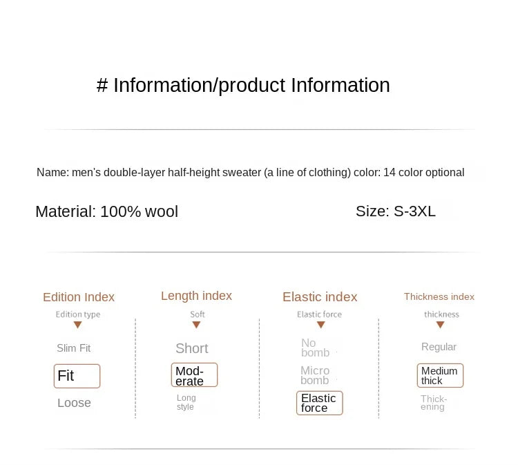 100% Pure Merino Wool Men's Semi High Neck Pullover Solid Color Plus Size Casual Sweater Autumn And Winter Sports Cashmere Top.