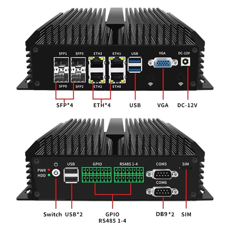 Fanless Mini Industrial PC Desktop Computer Atom C3758 4x10G SFP+ 4*LANs 4x Phoenix RS485 COM 2xDB9 RS232/485 COM Auto Power On.