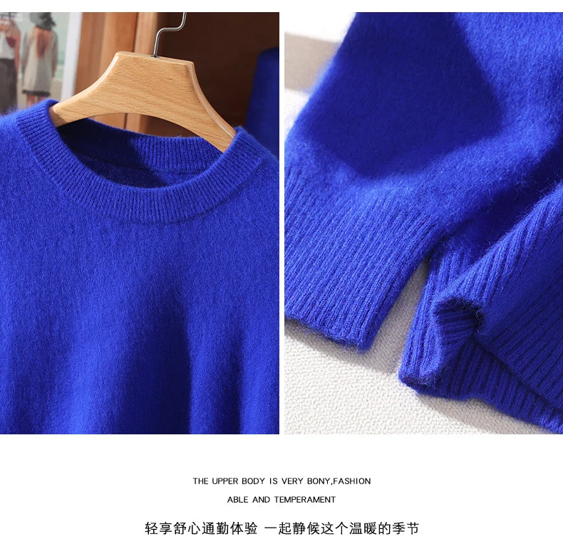 Women's Round-neck Mink Cashmere Sweater Soft Pullover Jumper Comfortable Knitted Top for Autumn Winter Pure Mink Material
