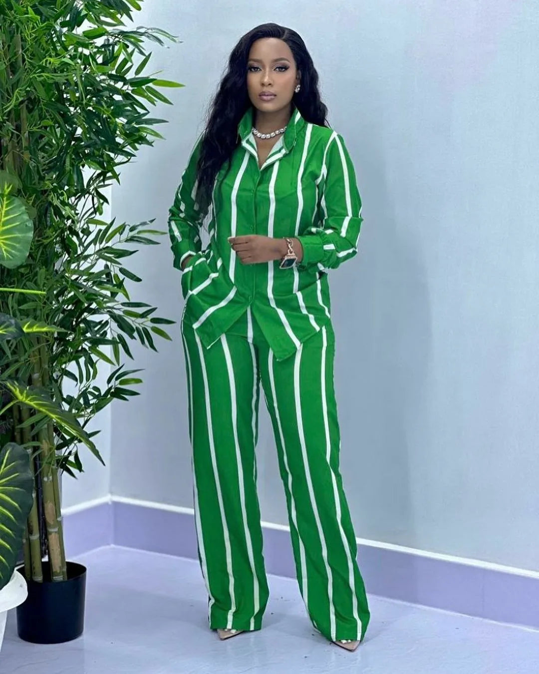 Fashion Striped Print Suit For Women Elegant Lapel Long Sleeved Shirt Elastic Waist Wide Leg Pants Two Piece Set 2024 Autumn New.