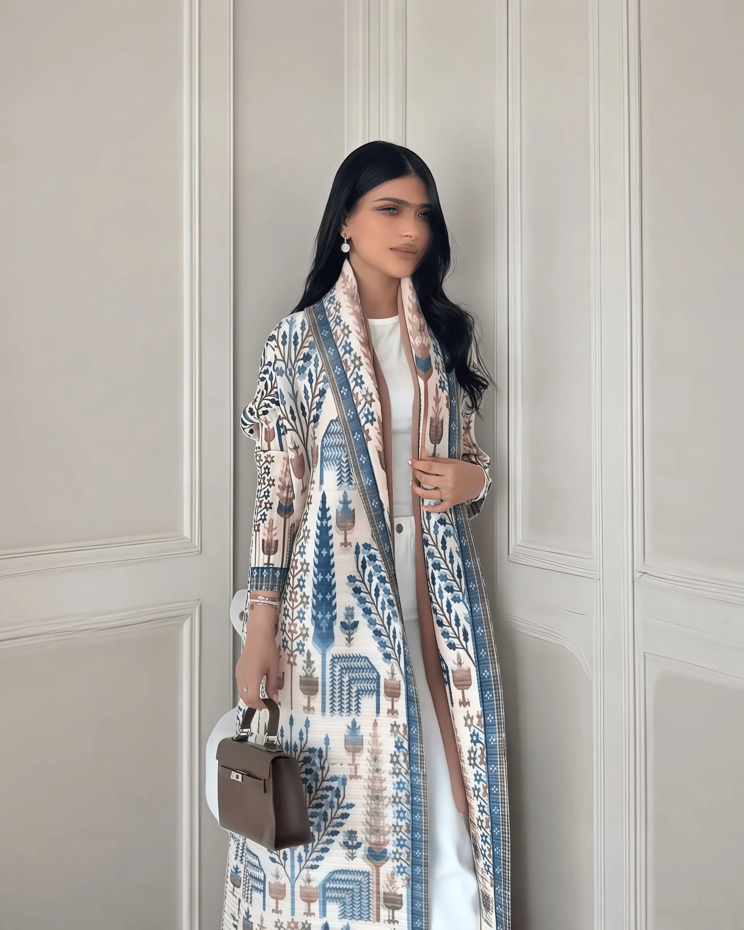 Langer Herbstmantel für Damen, Retro-bedruckt, langärmelig, muslimisches Abaya, Saudi-Mode, faltiger Taillengürtel