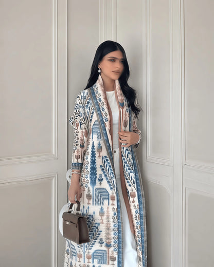 Langer Herbstmantel für Damen, Retro-bedruckt, langärmelig, muslimisches Abaya, Saudi-Mode, faltiger Taillengürtel