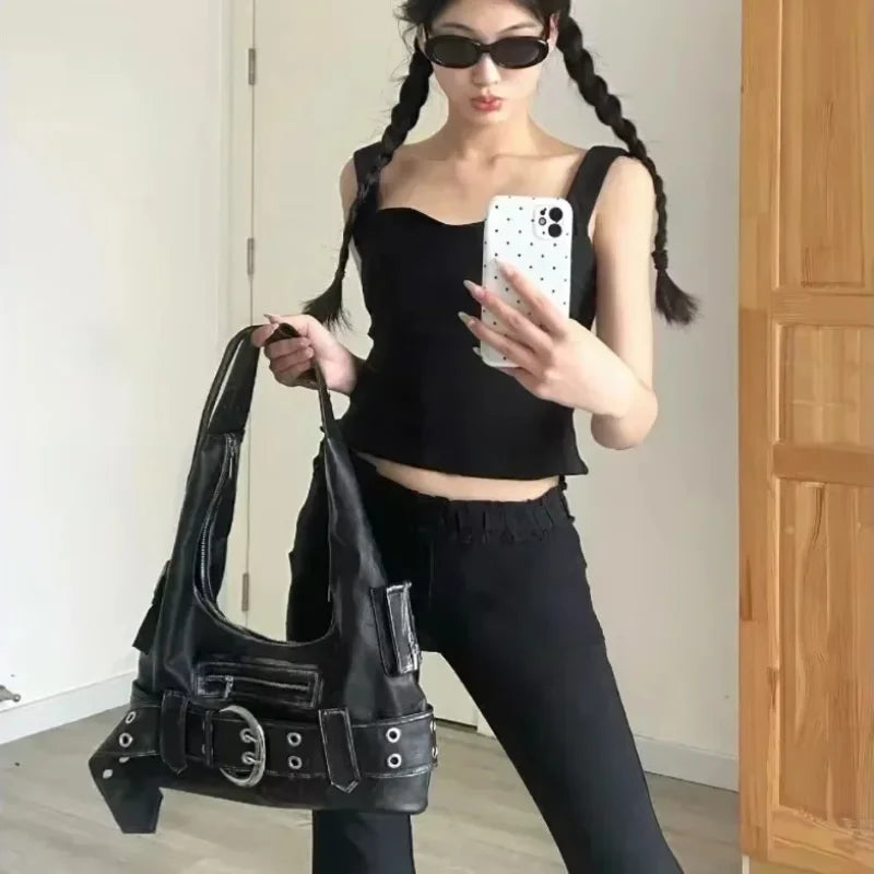 Belt buckle Women Luxury Designer Handbag And Purses PU Rivet Multiple Pockets Y2K Large Capacity Shoulder bags big totes.