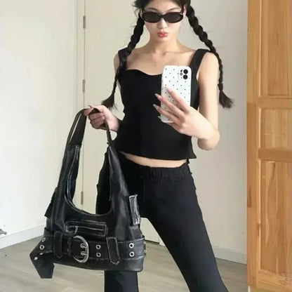 Belt buckle Women Luxury Designer Handbag And Purses PU Rivet Multiple Pockets Y2K Large Capacity Shoulder bags big totes.