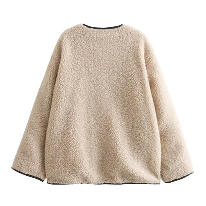 ZBZA Women's Faux Wool Jacket Loose Retro O-neck Single Breasted Long Sleeve Double Pocket Casual Overcoat Fall Winter Chic Coat