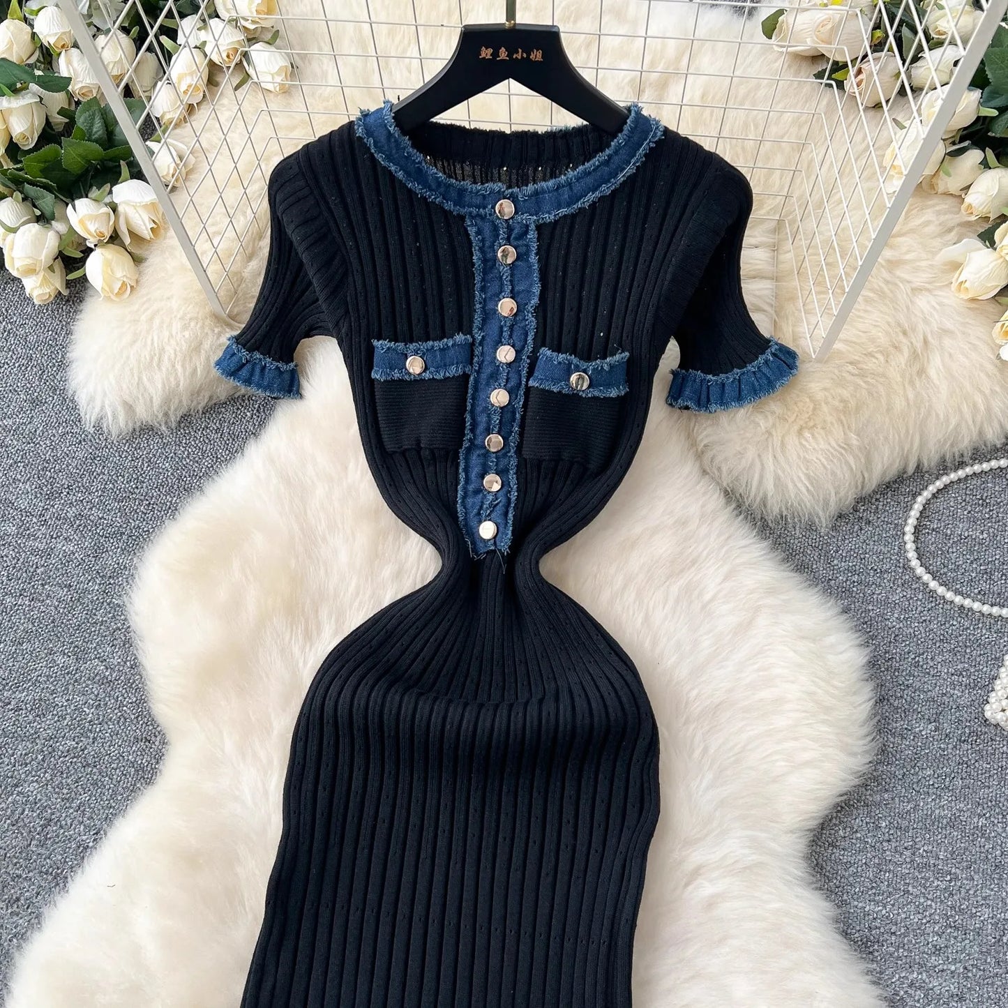 YuooMuoo Chic Mode Sexy Pakete Gestrickte Maxi Kleid Frühling Sommer Vintage Denim Patchwork Lange Pullover Kleid Dame Vestidos.