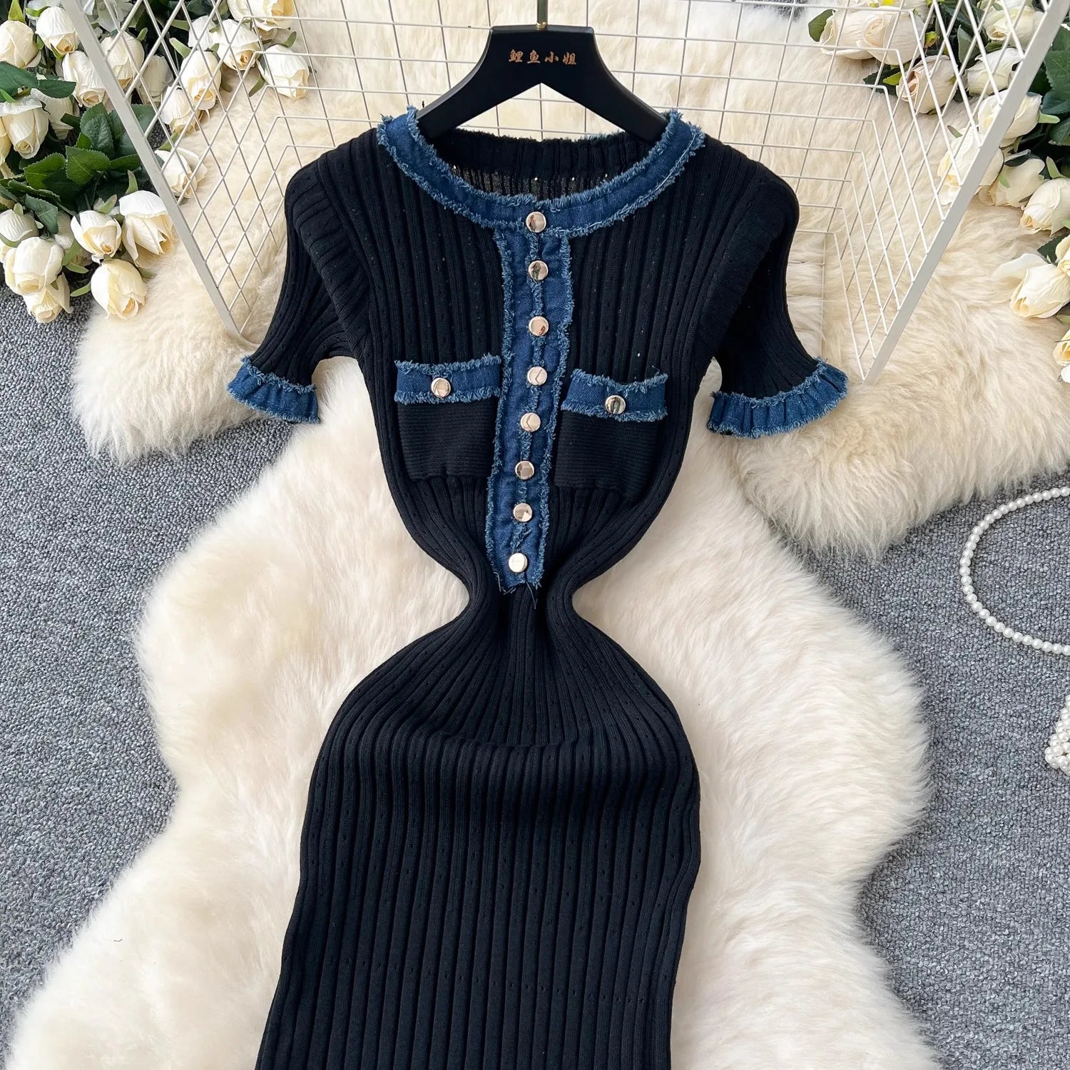 YuooMuoo Chic Mode Sexy Pakete Gestrickte Maxi Kleid Frühling Sommer Vintage Denim Patchwork Lange Pullover Kleid Dame Vestidos.