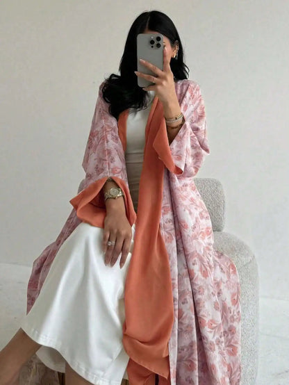 Lockeres, mit Blumenmuster bedrucktes Abaya-Langarmkleid für den orientalischen Nahen Osten für Damen, elegante Robe mit offener Vorderseite ohne Schal.