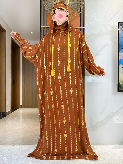 High Grade Cotton Fabric Ramadan Muslim Two-Hat Abaya Dubai Turkey Islam Prayer Clothes Gold Dust Dress Islam Women Dress Kaftan