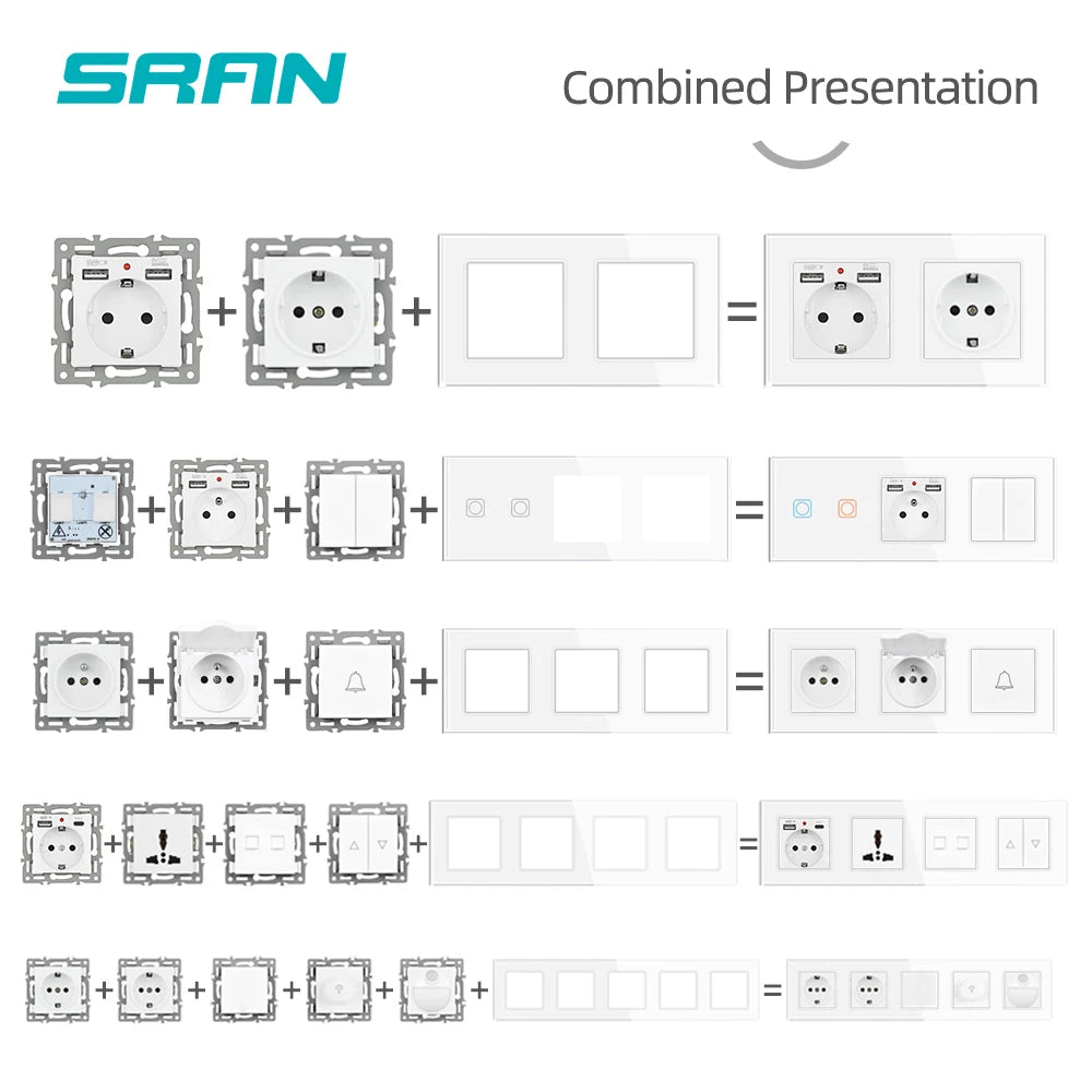 SRAN F6 Serie mehrere Rahmen schwarze Panel aus gehärtetem Glas, EU FR UN-Steckdosen und Schalter Dimmer-Lüfter-Fußlampe Rj45 RJ11Module DIY.